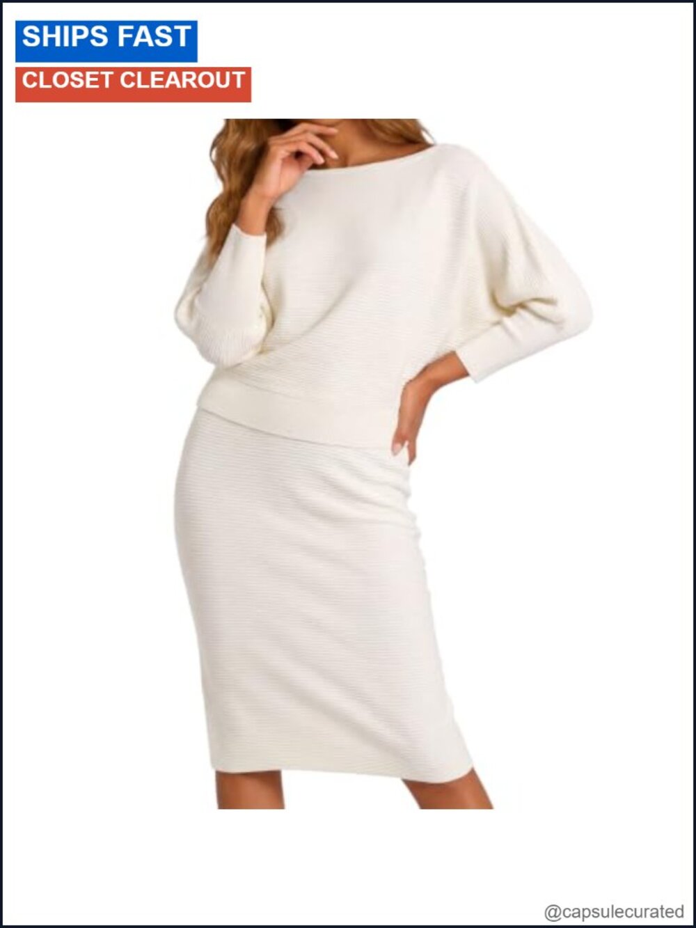 Women's 2 Piece Midi Sweater Skirt Set Off-Shoulder Batwing Sleeve Business